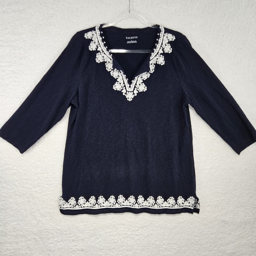Talbots 100% Cotton Blue W/ White Embroidered Trim & Hem Knit Pullover Womens LG